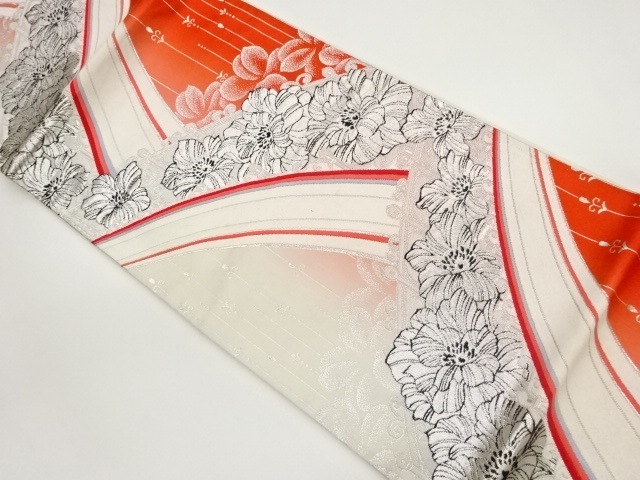 曲線に花々模様織出し袋帯